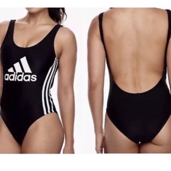 Adidas Black White Logo One Piece Swimsuit Low Back Sporty Athletic Bodysuit - Picture 8 of 8